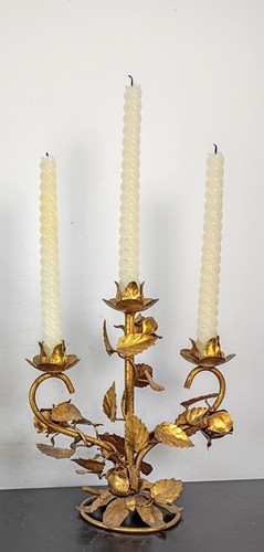 50er Paar Hollywood Regency Rosegold Italienisch Vergoldet Kerzenständer Florentine Tole - Bild 7 von 7