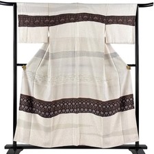 Japanese Silk Houmongi Kimono M 155cm Cream Grass and flowers Flowing water 2939