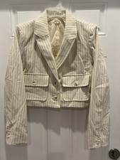 Jason Wu Women Cream Pinstripe Cropped Blazer Jacket Size L Pockets Lined 938