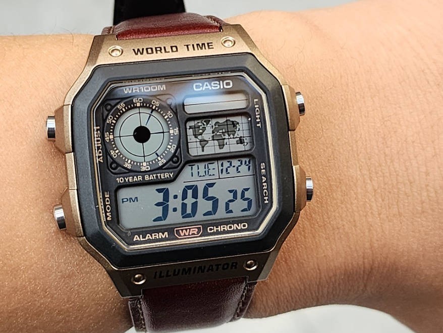 Casio AE-1200WHL-5A Digital Brown Leather World Time World Map