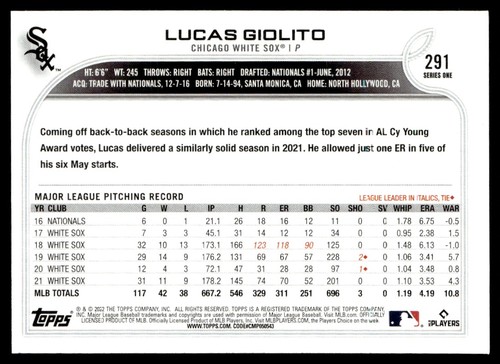 2022 Topps Lucas Giolito Chicago White Sox #291 - Picture 2 of 2