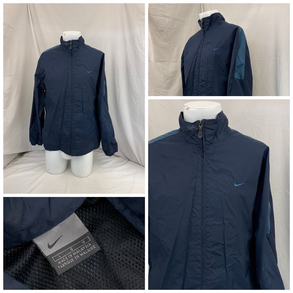 Nike Jacket L Blue 100% Nylon Full Zip Pockets Lined Long Sleeve