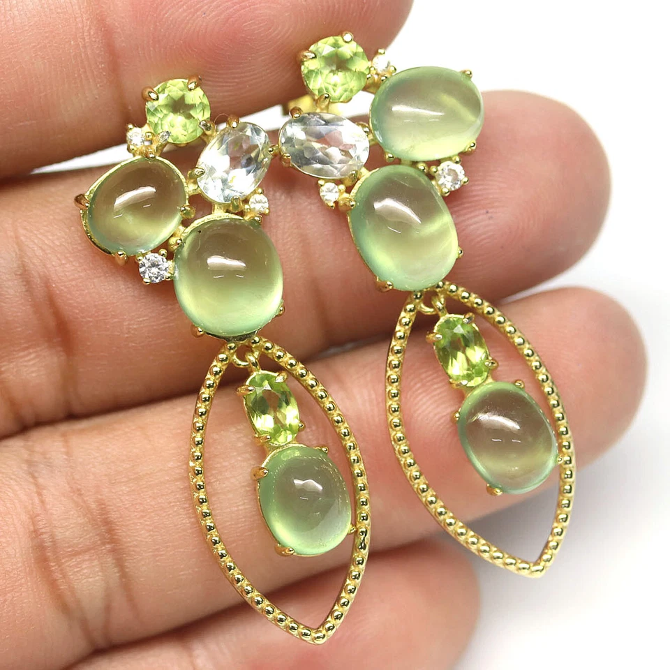 Gemstone Green Prehnite, Peridot & Zircon Earrings 925 Silver 18K Gold - Image 2 of 4