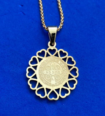 Gold Plated Stainless Steel St BENEDICT NECKLACE Saint Medal 23'' Saint Hearts