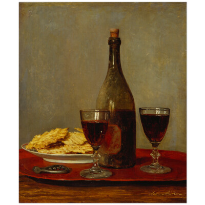 Albert Anker, Stillleben Rotweingläsern, Flasche Korkenzieher Teller 11003001650