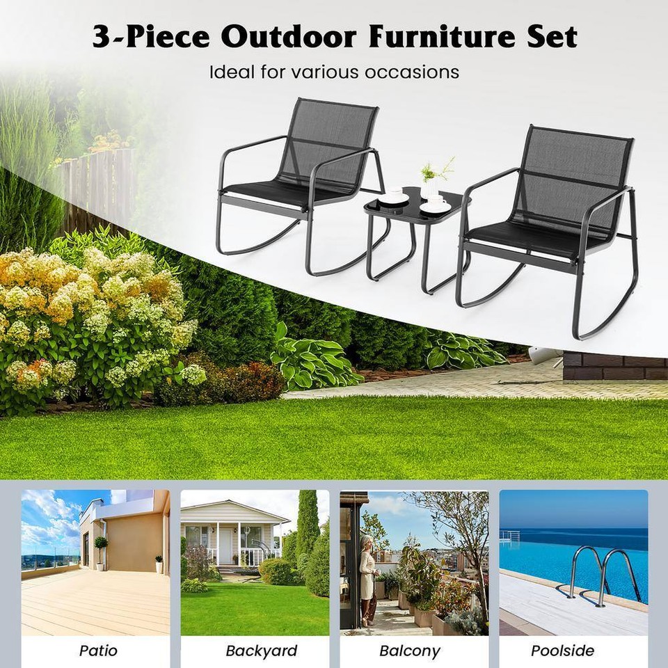 3Piece Metal Rocking Outdoor Bistro Set Patio Furniture Set w/2