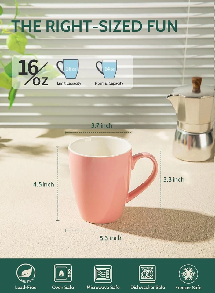 Tazas de café de porcelana - 16 onzas (hasta el borde) para cualquier bebida, juego de 4 Foto 2 de 4