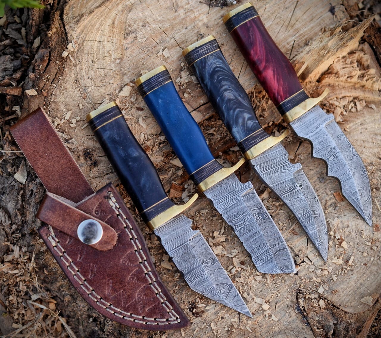 6" MH KNIVES CUSTOM HANDMADE DAMASCUS STEEL LOT OF 4 HUNTING/SKINNER