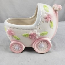 Vintage Japan Baby Buggy Nursery Planter Pink Flowers Ribbon Stroller Flower Pot