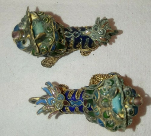 Vintage kleines Cloisonné Netz Foo Hunde Löwen 3 tlg Set filigran und Emaille - Bild 12 von 12