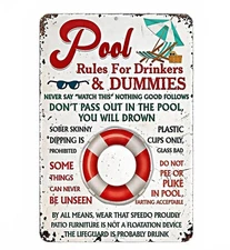 Pool Rules For Drinkers & Dummies Sign Aluminum Metal 8"x12" Funny Deck Patio