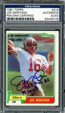 Joe Montana Signed 1981 Topps RC 216 49ers 79 NFL Draft Rd. 3 & Pick 82 PSA/DNA