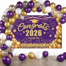 Purple and Gold Graduation Decorations Class of 2026 Banner with Balloons Arc...