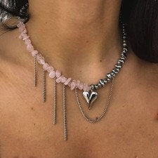 CCB &Pink Stone Beads Chain Heart Pendant Necklace For Women Choker Dinner Party