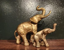 Vintage Solid Brass Elephant Figurine Mother & Baby