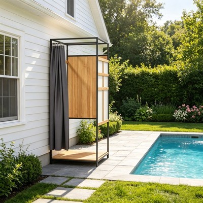 Weatherproof Outdoor Shower Enclosure with Metal Frame, Privacy Shower Stall