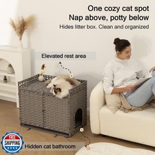 Furriends Cat Litter Box Enclosure with 2 Mats, Handwoven Rattan Hidden Litte...
