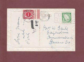 IRELAND. IRISH 1d POSTAGE DUE STAMP ON POSTCARD POSTMARKED 1934