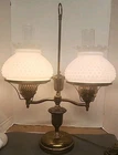 VTG BRASS DOUBLE ARM STUDENT LAMP W/WHITE DUAL HOBNAIL MILK GLASS SHADES 23" MCM
