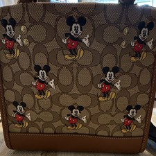 Coach Disney Mickey Mouse Signature C jacquard Canvas Brown Leather Tote Bag