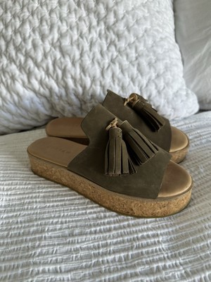 Sandalen Jigsaw khaki grün Leder Quaste offene Zehenpartie Slipper Korksohle 36 UK 3
