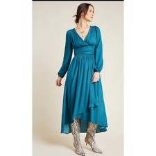 Anthropologie Gwendolyn Maxi Dress Teal Blue Pleated V-Neck Size 0 OB1125692