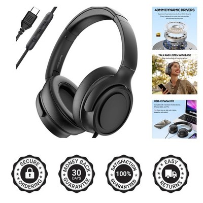 Comfort-Driven Wired USB-C Headphones with Built-In Mic for Gaming & Music