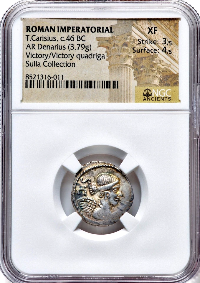 46 aC Tito Carisio con cuadriga Rev. Antiguo Denario Romano de Plata Roma NGC XF Foto 2 de 4