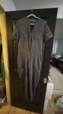 Gray Solid Medical Short Sleeve Scrub Jumpsuit with Multiple Pockets