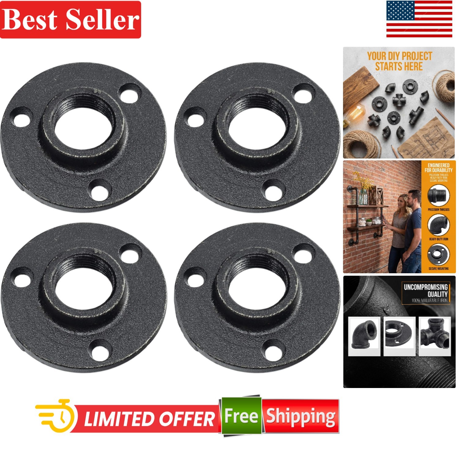 4 Pack DN20 Malleable Iron Floor Flange 3/4-inch Black Wall Pipe Fitting