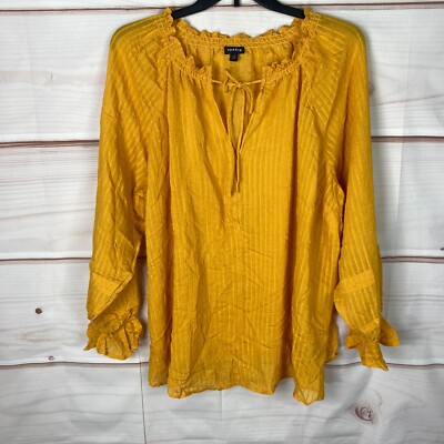 Torrid Top Womens 3 3X Yellow Tie Neck Blouse Long Sleeve Semi Sheer Pullover