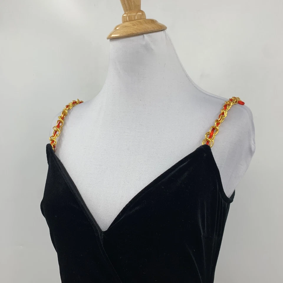 Vestido Bebe vintage para mujer pequeño negro terciopelo dorado cadena correa envoltura asimétrica Foto 3 de 4