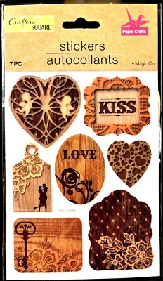 Crafters Square ''Magic On'' Permanent Stickers. Wood look, Hearts, kiss