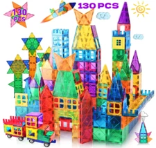 Magnetic Building Tiles 130 Pcs Clear 3D Construction STEM Toy Kids Cars Set