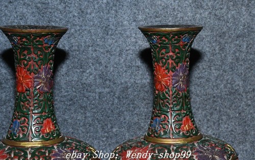 8.6" Old Dynasty Wood lacquerware Gilt Painting Flower Bird Bottle Vase Pair - Picture 6 of 12