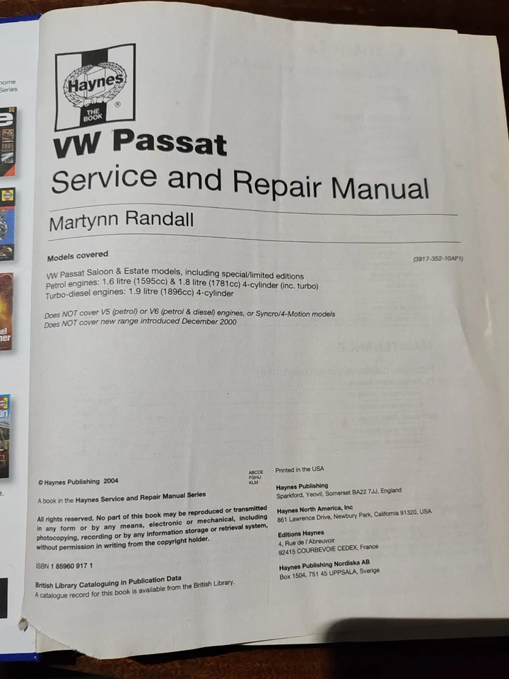 VW Passat 4-cyl Petrol & Diesel (Dec 96 - Nov 00) Haynes Repair Manual. Hardback - Image 2 of 4