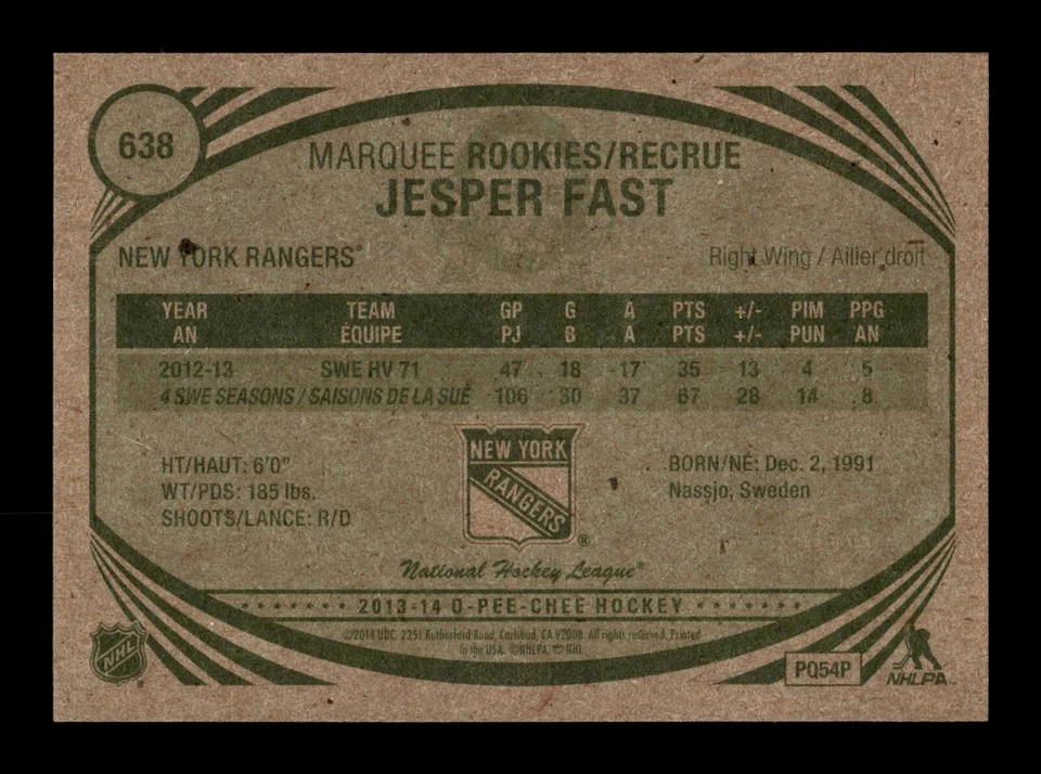 PWE READ stock photo . 2013-14 opc o-pee-chee retro #638 jesper fast rc rookie - Image 2 of 2