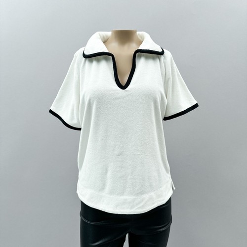Evereve Luci Frottee Polo Top weiß schwarz Besatz Kurzarm adrett Damen S - Bild 3 von 24