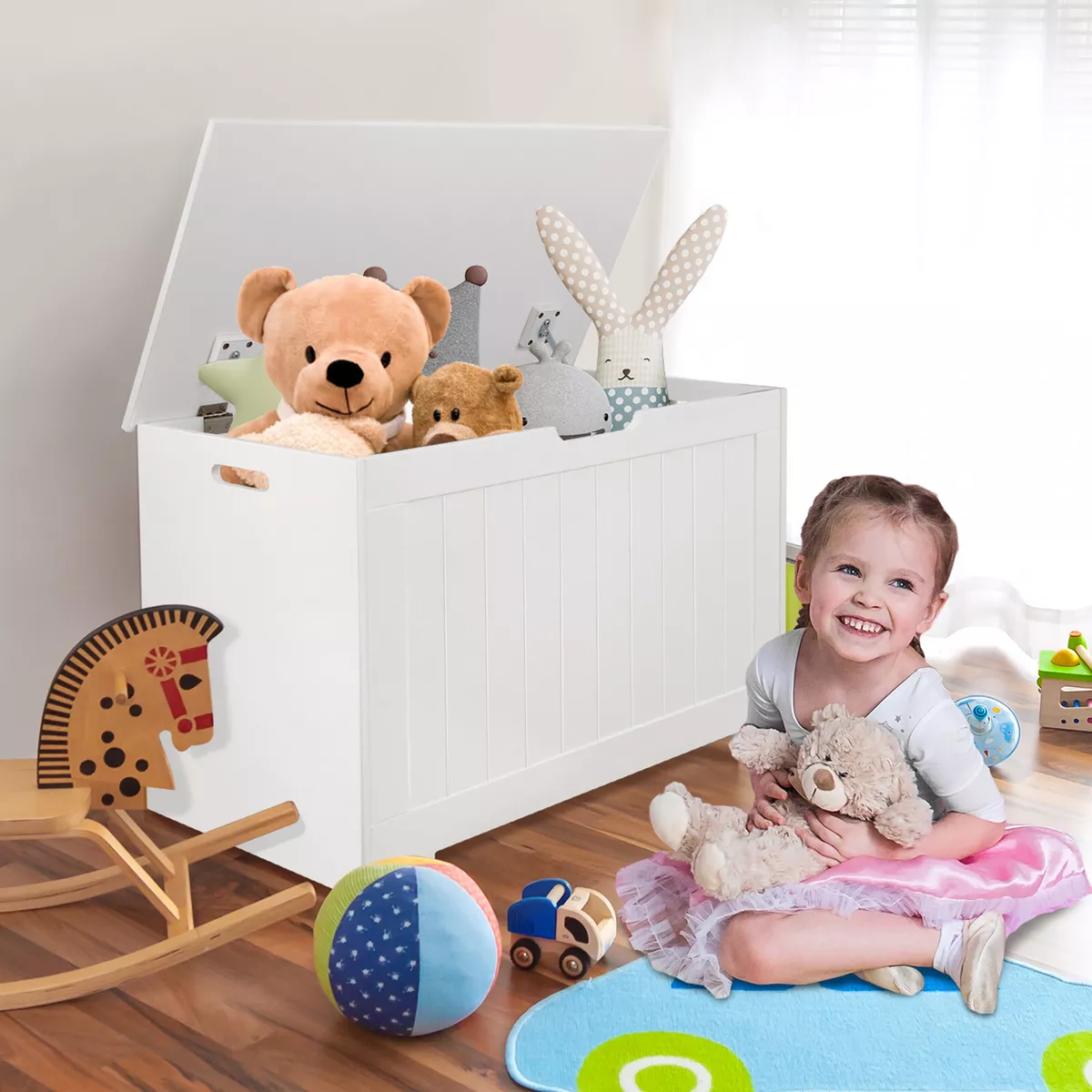 30 Inch Storage Chest Bench Toy Box Wooden Organizer with 2 Safety