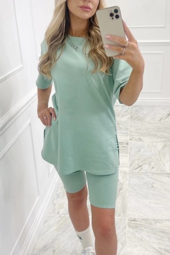 Womens Ladies Short Sleeve Side Slit Cycling shorts top Lounge Coord Set Summer - Picture 32 of 40