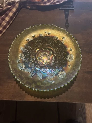 Vintage Northwood Carnival Glass Green 9" Good Luck PCE Bowl - Basketweave Back