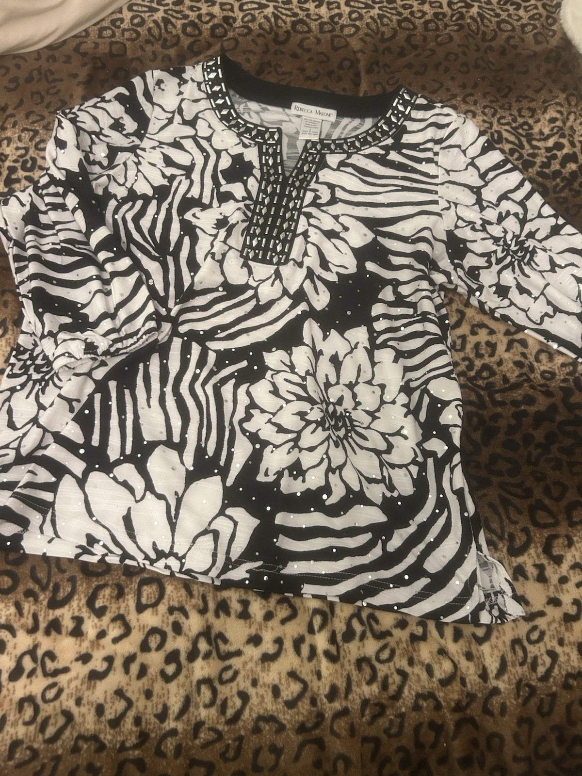 Rebecca Malone Black White Studded Floral Animal Print Knit Blouse L Long Sleeve