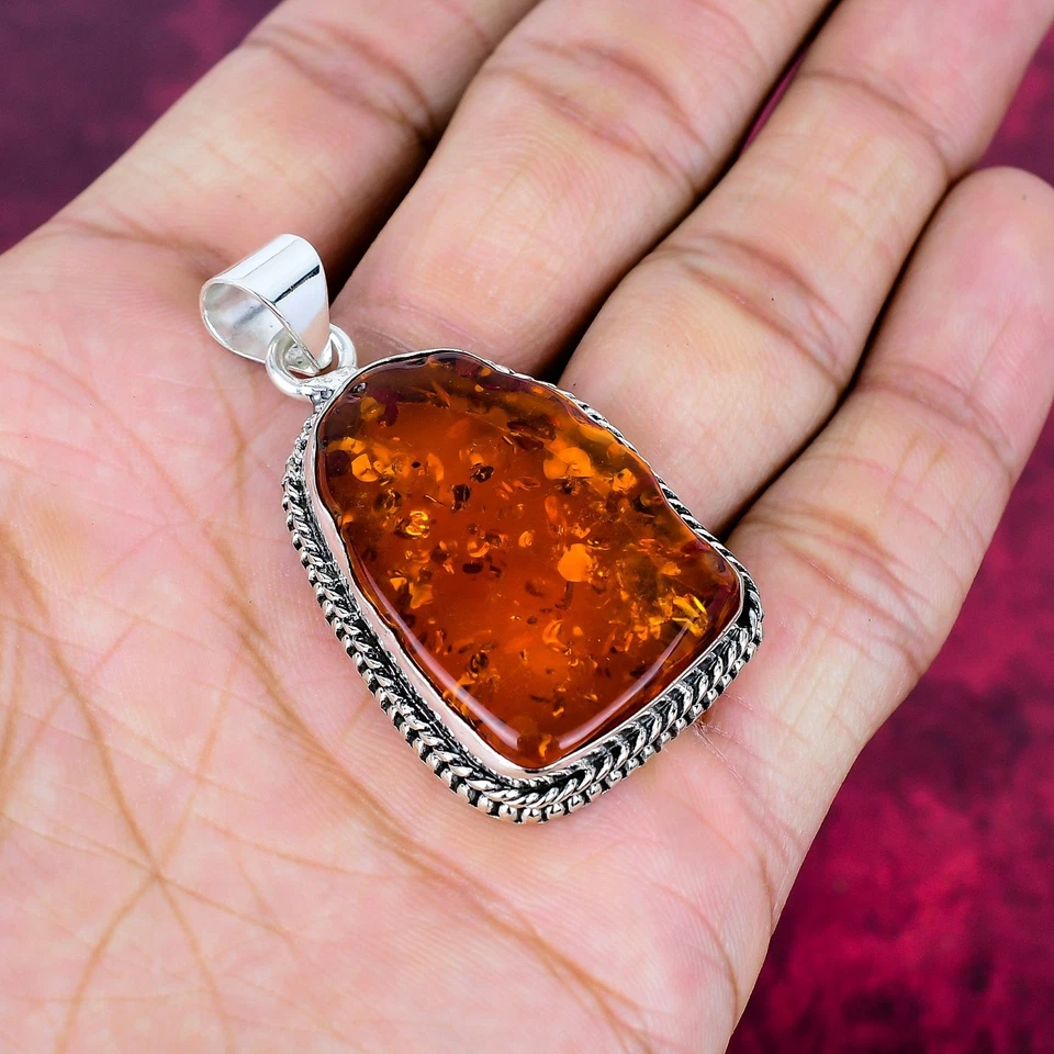 Colgante de joyería bohemia de plata de acero 925 hecho a mano con piedras preciosas de ámbar báltico Foto 4 de 4