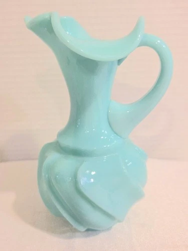 Vtg Fenton Art Glass Turquoise Milk Glass Wave Crest Swirl Pitcher 6" Tall READ