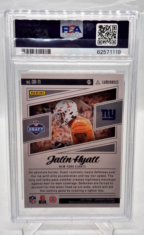 2023 Panini Luminance Jalin Hyatt #DR-11 Dynamic RC New York Giants PSA 10 - Image 2 of 2