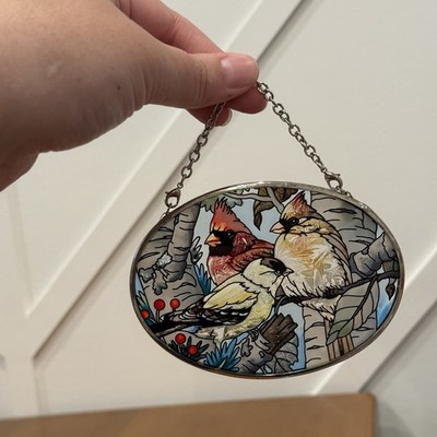 Amia Cardinal Stained Glass Oval Sun Catcher Hand Painted Silver Chain Small