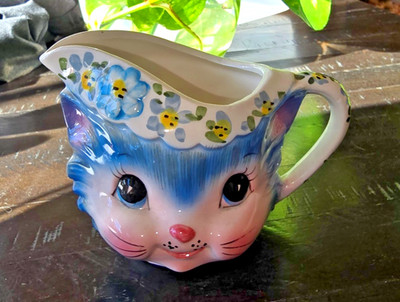 VINTAGE Lefton Miss Priss Blue Kitty Creamer #1508 w/original foil sticker
