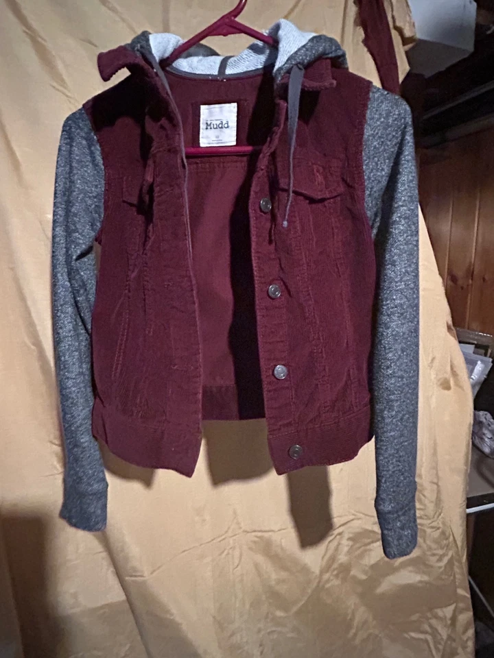 Jaqueta com capuz Mudd Teen girls veludo botão para cima borgonha com mangas de malha p - Imagem 3 de 4