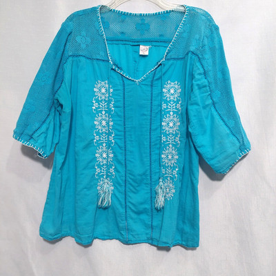 Bila Womens XL Embroidered Top Blouse Tassel Ties Sheer Crochet Panels ''Spot''