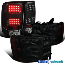 Fits 2007-2014 GMC Sierra Pickup Smoke Headlights+Black LED Tail Lamps
